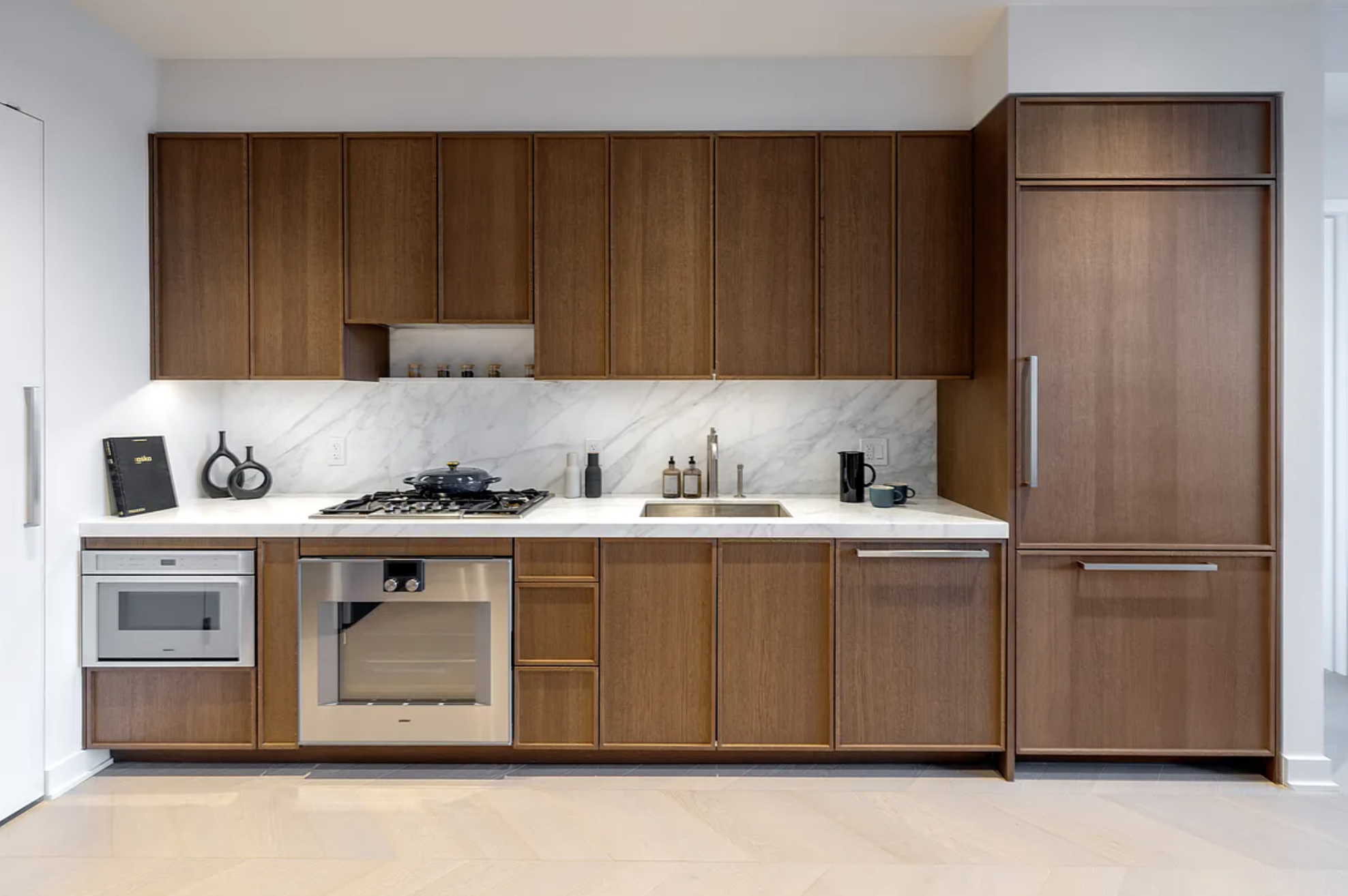 Financial District walnut galley kitchen remodel in Manhattan NYC